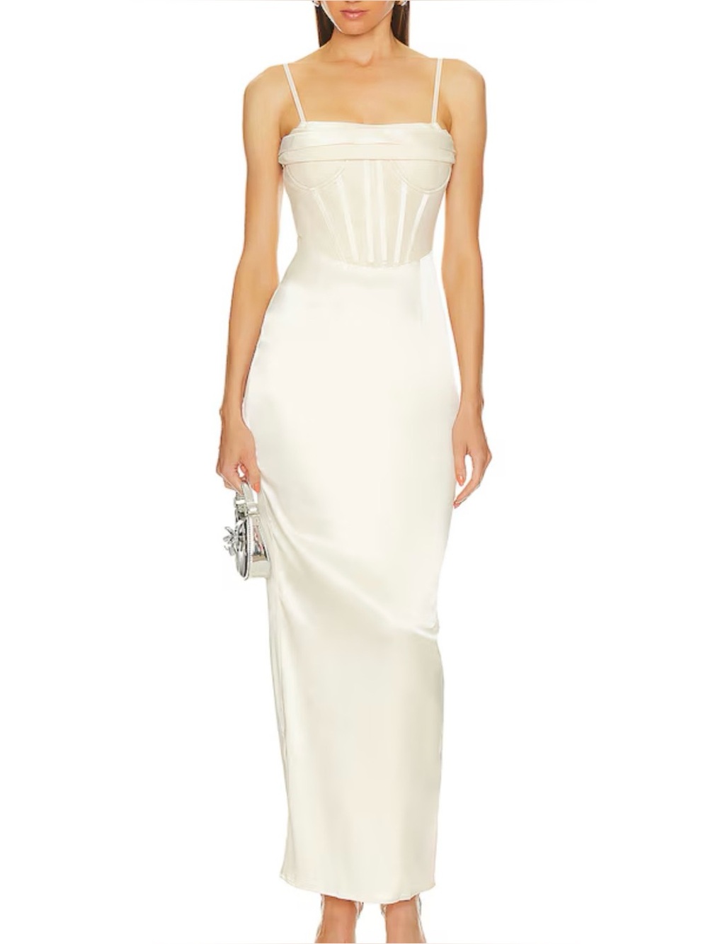 Aella Gown in Champagne Satin Maxi Dress with Corset Bodice Size XS